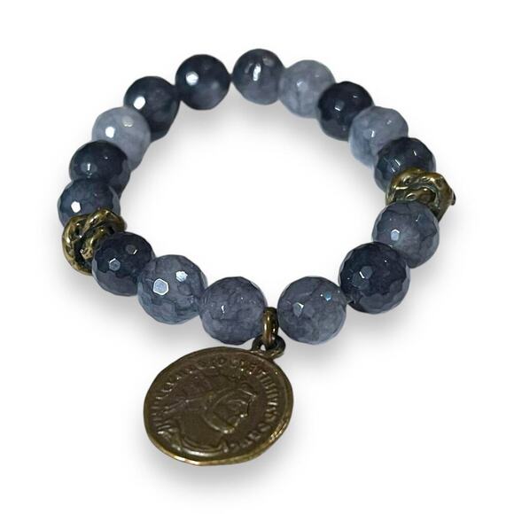 Gemstone Stretch Bracelet Womens Faux Coin Blue Slate Boho Hippie Artsy - Picture 2 of 10